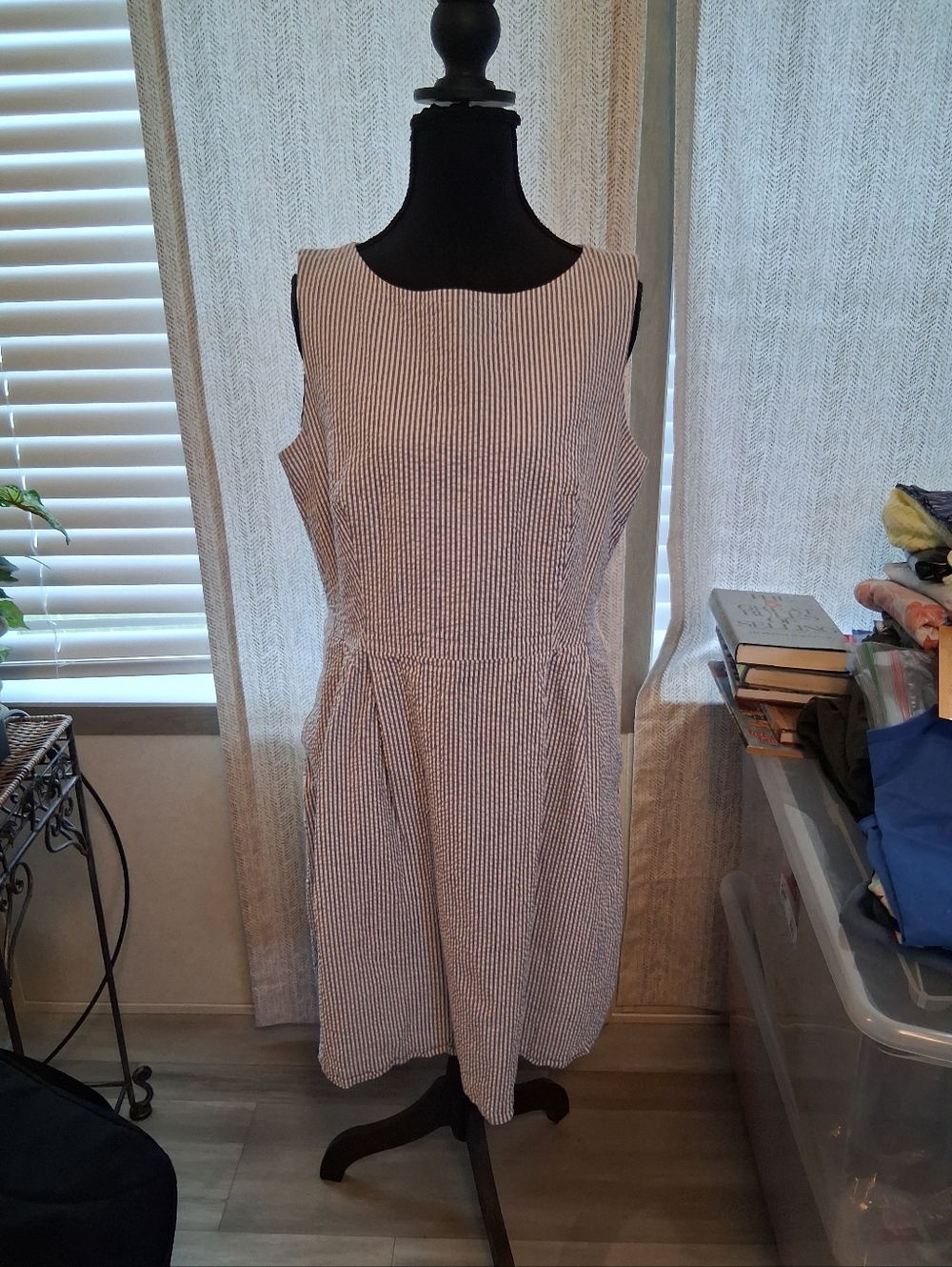 Anne Klein Navy and White Striped Sleeveless Midi Dress Size 12